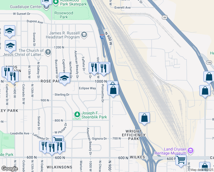 map of restaurants, bars, coffee shops, grocery stores, and more near 971 North 900 West in Salt Lake City