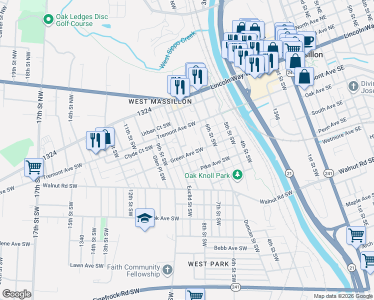 map of restaurants, bars, coffee shops, grocery stores, and more near 327 Lorin Place Southwest in Massillon
