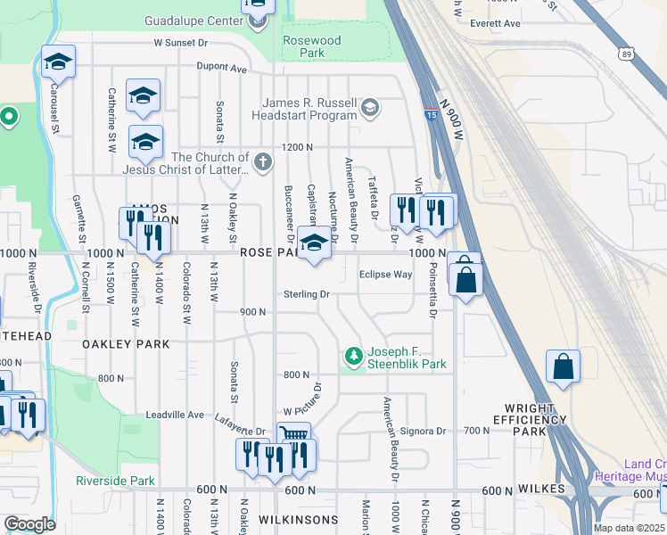 map of restaurants, bars, coffee shops, grocery stores, and more near 1105 West 1000 North in Salt Lake City