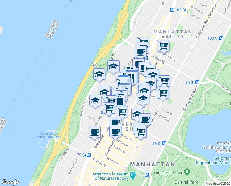 map of restaurants, bars, coffee shops, grocery stores, and more near 590 West End Avenue in New York