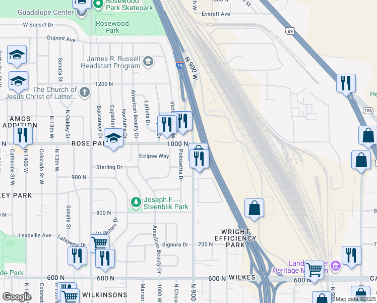 map of restaurants, bars, coffee shops, grocery stores, and more near 971 North 900 West in Salt Lake City