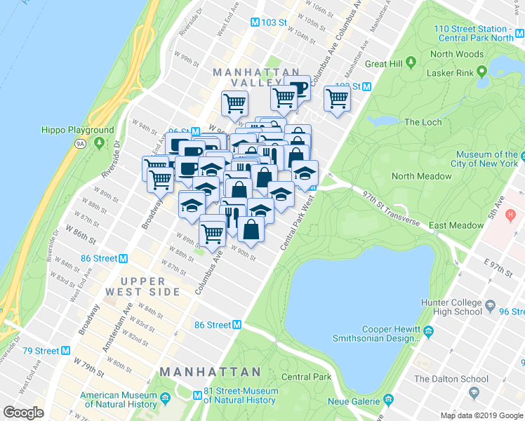 map of restaurants, bars, coffee shops, grocery stores, and more near 56 West 93rd Street in New York