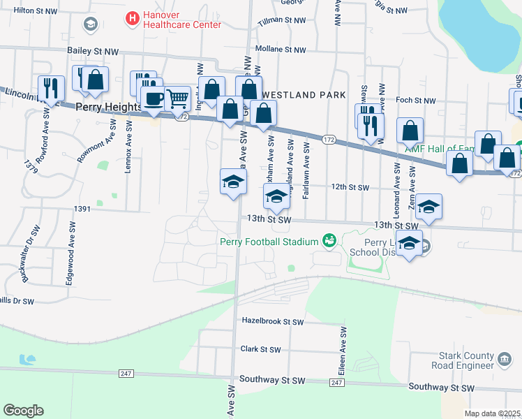 map of restaurants, bars, coffee shops, grocery stores, and more near 513 Wrexham Avenue Southwest in Massillon