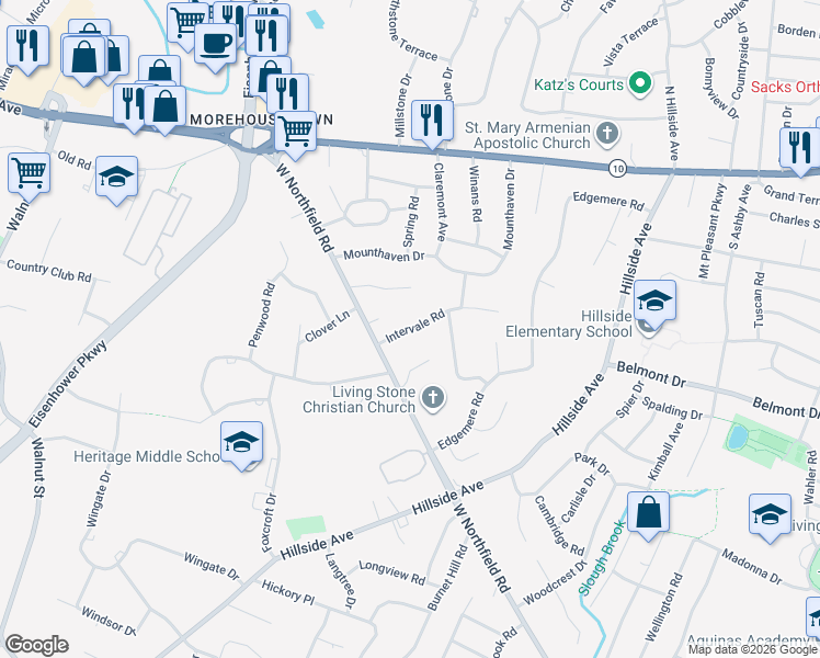 map of restaurants, bars, coffee shops, grocery stores, and more near 15 Intervale Road in Livingston