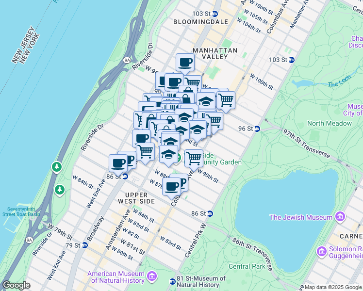 map of restaurants, bars, coffee shops, grocery stores, and more near 139 West 91st Street in New York
