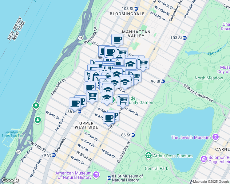 map of restaurants, bars, coffee shops, grocery stores, and more near 139 West 91st Street in New York