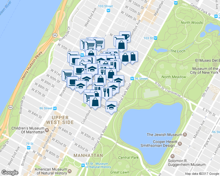 map of restaurants, bars, coffee shops, grocery stores, and more near 58 West 93rd Street in New York