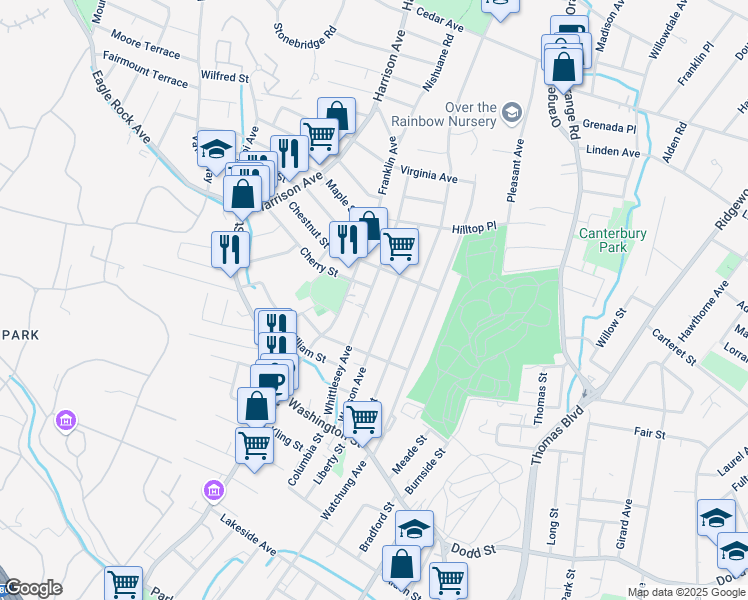 map of restaurants, bars, coffee shops, grocery stores, and more near 1 Cherry Street in West Orange