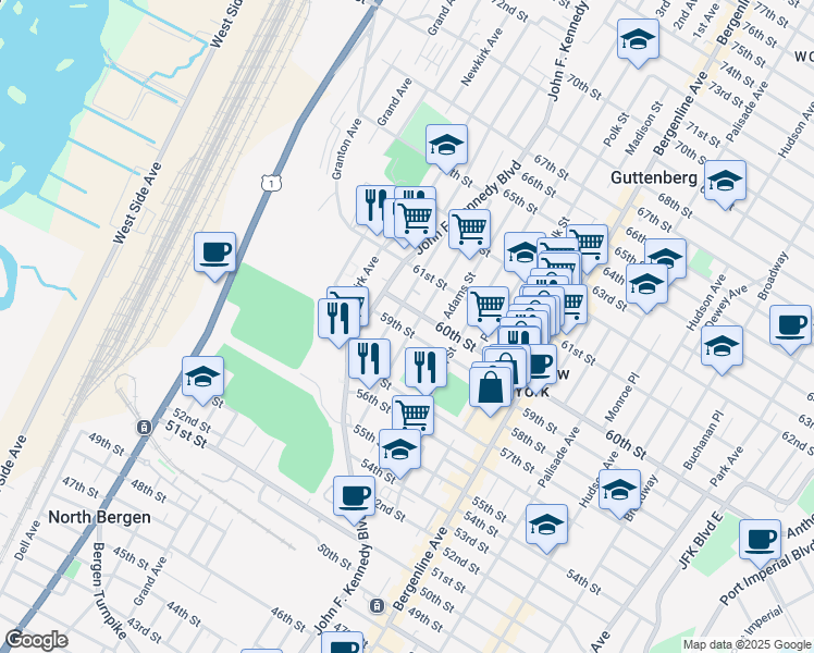 map of restaurants, bars, coffee shops, grocery stores, and more near 620 60th Street in West New York