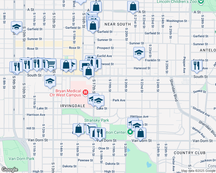 map of restaurants, bars, coffee shops, grocery stores, and more near 1835 Ryons Street in Lincoln