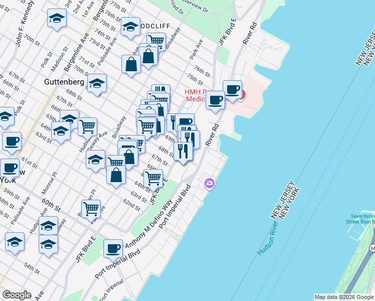 map of restaurants, bars, coffee shops, grocery stores, and more near 7000 John F. Kennedy Boulevard in North Bergen