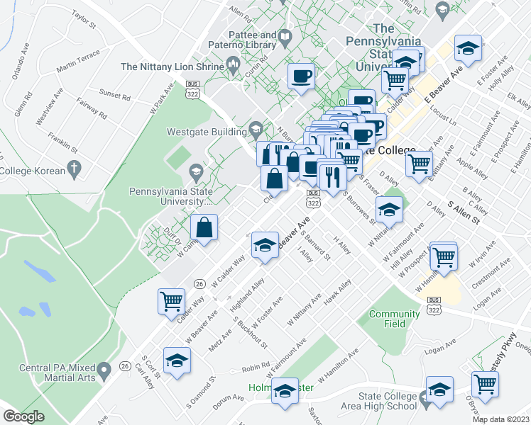 map of restaurants, bars, coffee shops, grocery stores, and more near 519 West College Avenue in State College