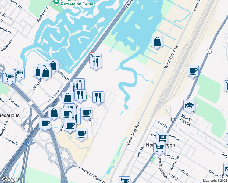 map of restaurants, bars, coffee shops, grocery stores, and more near 120 Park Plaza Drive in Secaucus