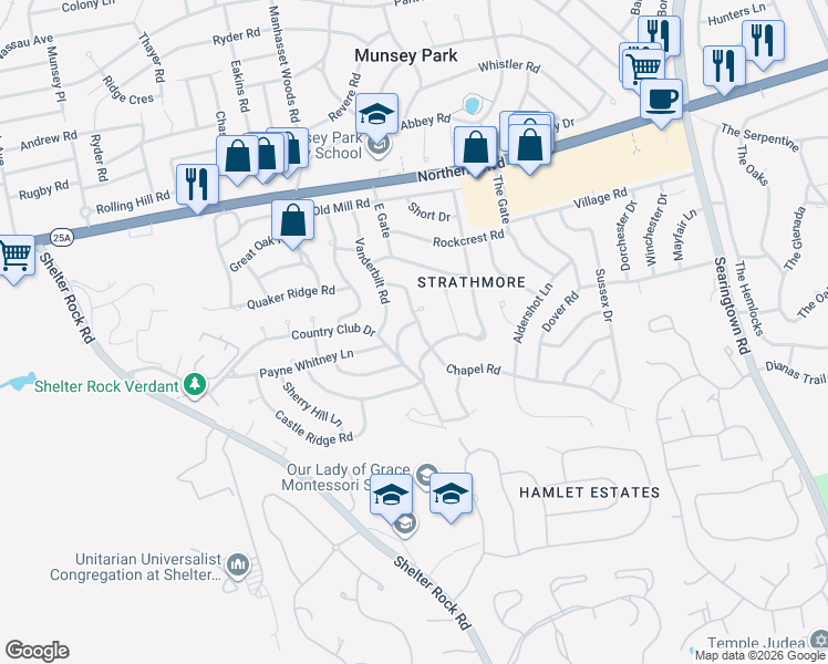 map of restaurants, bars, coffee shops, grocery stores, and more near 74 Chapel Road in Manhasset