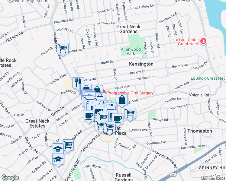map of restaurants, bars, coffee shops, grocery stores, and more near 15 Stoner Avenue in Great Neck