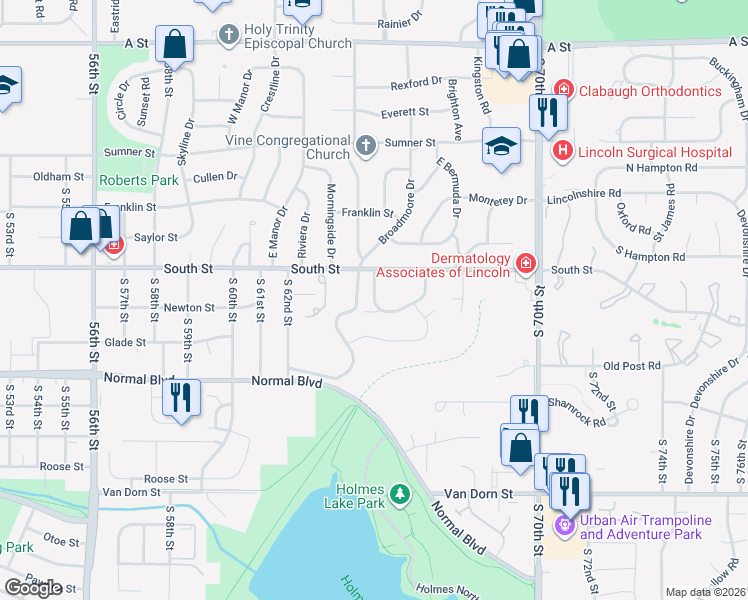 map of restaurants, bars, coffee shops, grocery stores, and more near 2200 South 66th Street in Lincoln