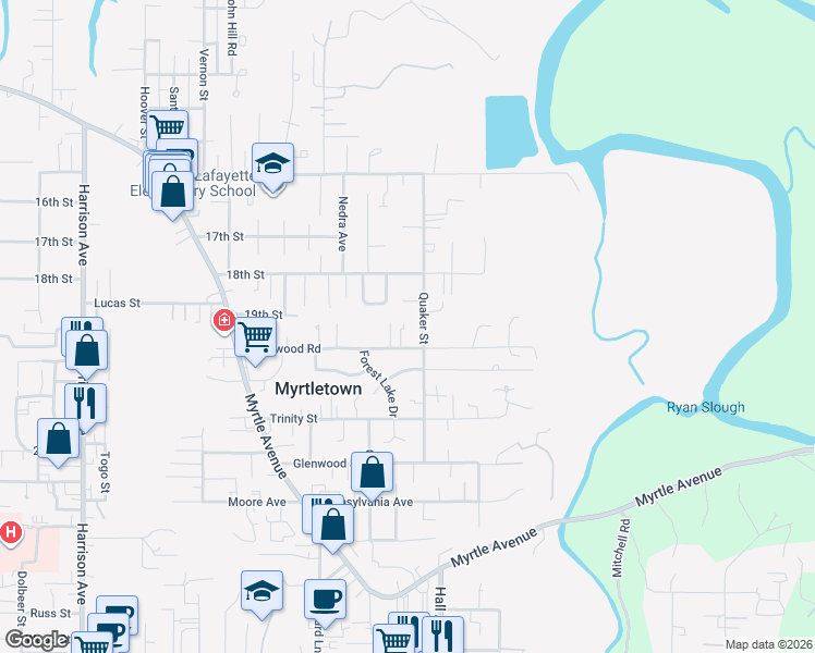 map of restaurants, bars, coffee shops, grocery stores, and more near 1906 Quaker St in Eureka