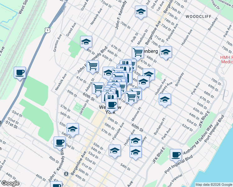 map of restaurants, bars, coffee shops, grocery stores, and more near 6122 Madison Street in West New York