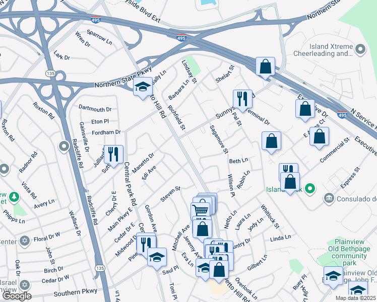 map of restaurants, bars, coffee shops, grocery stores, and more near 269 Manetto Hill Road in Plainview