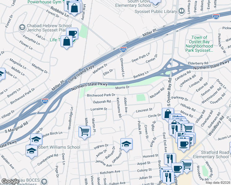 map of restaurants, bars, coffee shops, grocery stores, and more near 21 Morris Drive in Syosset