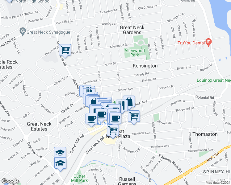 map of restaurants, bars, coffee shops, grocery stores, and more near 15 Stoner Avenue in Great Neck