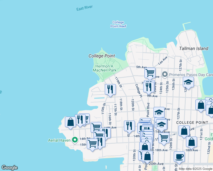 map of restaurants, bars, coffee shops, grocery stores, and more near 5-2 115th Street in Queens