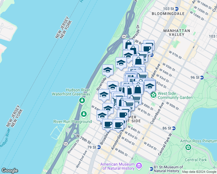 map of restaurants, bars, coffee shops, grocery stores, and more near 341 West 88th Street in New York