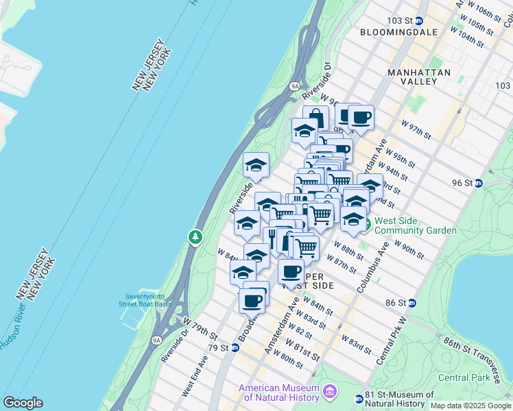 map of restaurants, bars, coffee shops, grocery stores, and more near 341 West 88th Street in New York