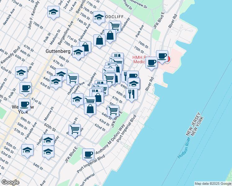map of restaurants, bars, coffee shops, grocery stores, and more near 85 68th Street in Guttenberg