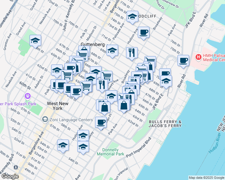 map of restaurants, bars, coffee shops, grocery stores, and more near 6500 Dewey Avenue in West New York
