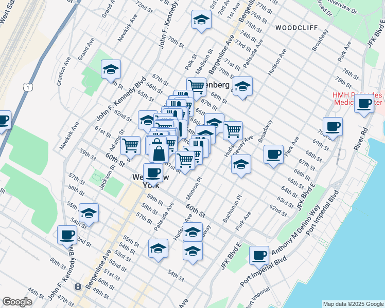 map of restaurants, bars, coffee shops, grocery stores, and more near 430 62nd Street in West New York