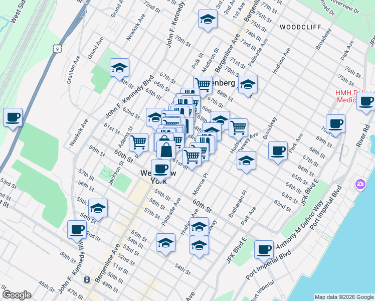 map of restaurants, bars, coffee shops, grocery stores, and more near 430 62nd Street in West New York