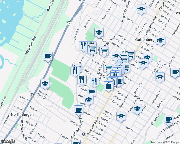 map of restaurants, bars, coffee shops, grocery stores, and more near 620 60th Street in West New York