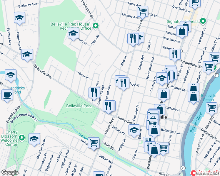 map of restaurants, bars, coffee shops, grocery stores, and more near 83 Mount Prospect Avenue in Belleville