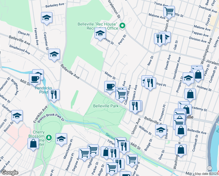 map of restaurants, bars, coffee shops, grocery stores, and more near 27 Mount Pleasant Avenue in Belleville