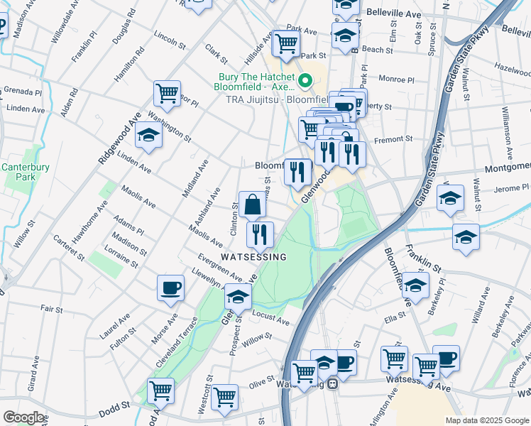 map of restaurants, bars, coffee shops, grocery stores, and more near 28 Henry Street in Bloomfield