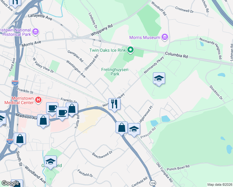 map of restaurants, bars, coffee shops, grocery stores, and more near 10 Kenilworth Road in Morristown