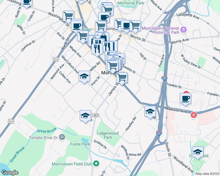 map of restaurants, bars, coffee shops, grocery stores, and more near 114 Maple Avenue in Morristown