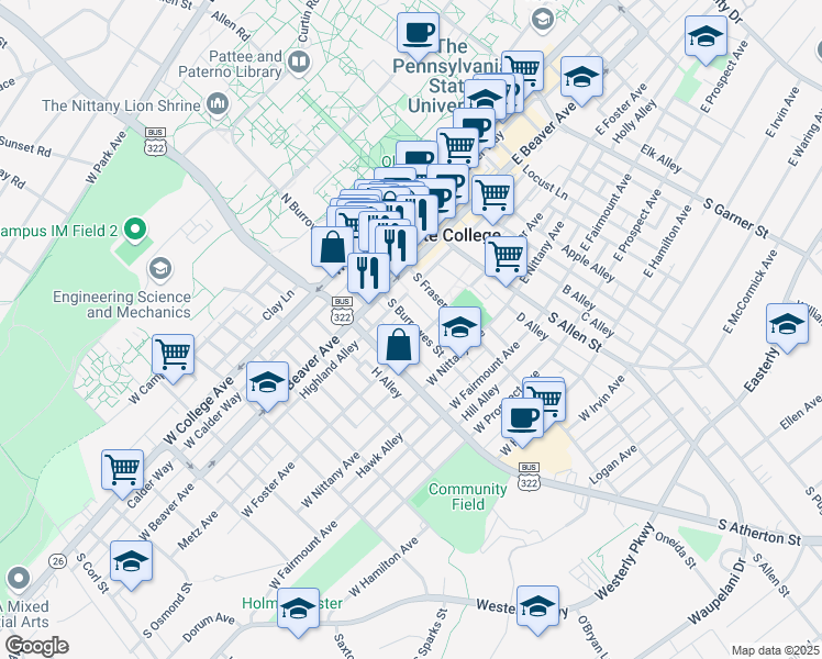 map of restaurants, bars, coffee shops, grocery stores, and more near 224 South Burrowes Street in State College