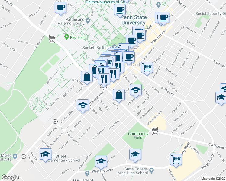 map of restaurants, bars, coffee shops, grocery stores, and more near in State College