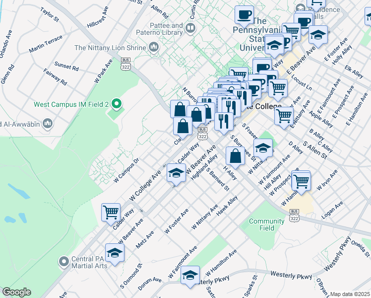 map of restaurants, bars, coffee shops, grocery stores, and more near 441 West College Avenue in State College