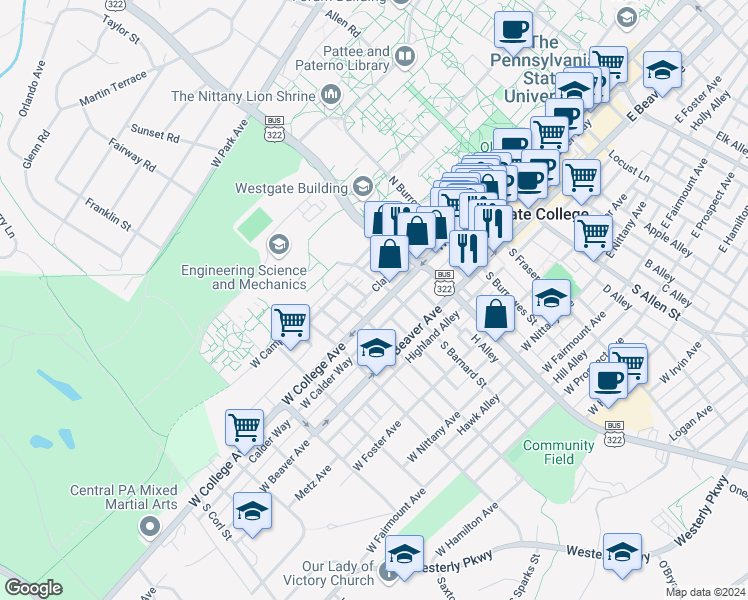 map of restaurants, bars, coffee shops, grocery stores, and more near 441 West College Avenue in State College