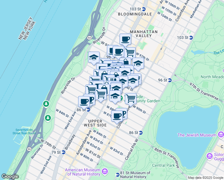 map of restaurants, bars, coffee shops, grocery stores, and more near 626 Amsterdam Avenue in New York