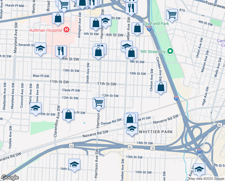map of restaurants, bars, coffee shops, grocery stores, and more near 1107 Park Avenue Southwest in Canton