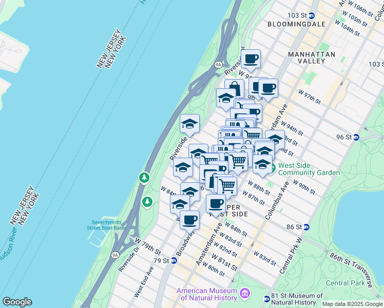 map of restaurants, bars, coffee shops, grocery stores, and more near 330 West 88th Street in New York