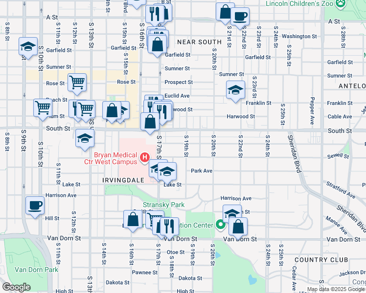 map of restaurants, bars, coffee shops, grocery stores, and more near 1835 Ryons Street in Lincoln