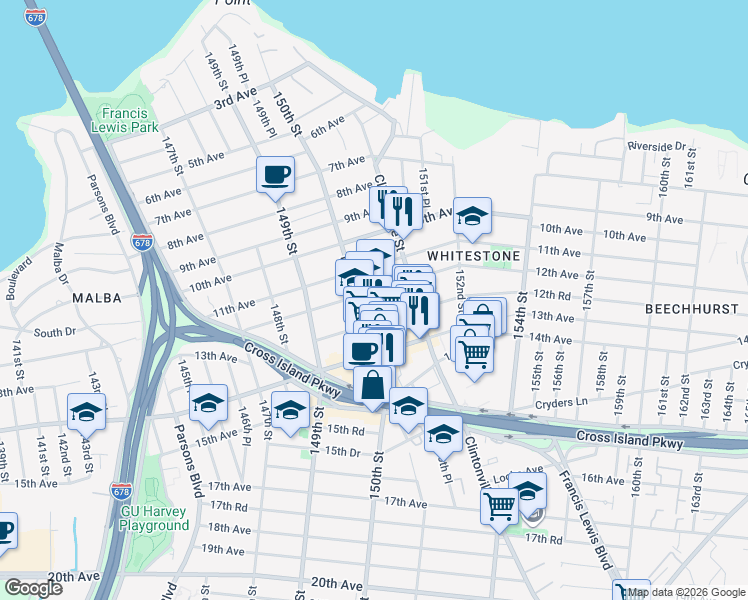 map of restaurants, bars, coffee shops, grocery stores, and more near 150-31 12th Avenue in Queens