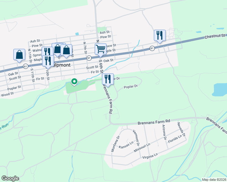 map of restaurants, bars, coffee shops, grocery stores, and more near Brennans Farm Road in Kulpmont