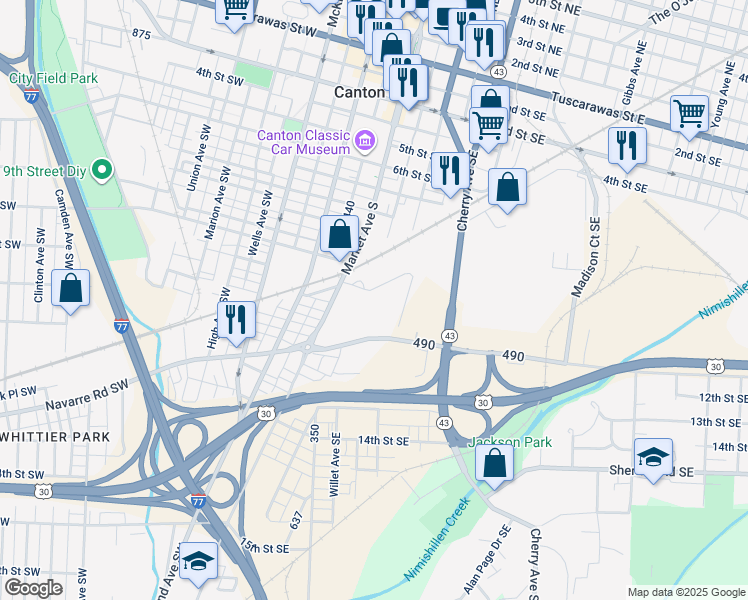 map of restaurants, bars, coffee shops, grocery stores, and more near 1000 Market Avenue South in Canton