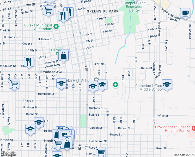 map of restaurants, bars, coffee shops, grocery stores, and more near 935 Del Norte Street in Eureka